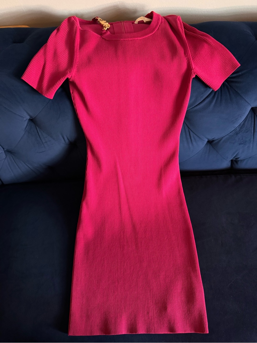 Michael Kors Ribbed Short-Sleeve Midi Dress in Hot Pink